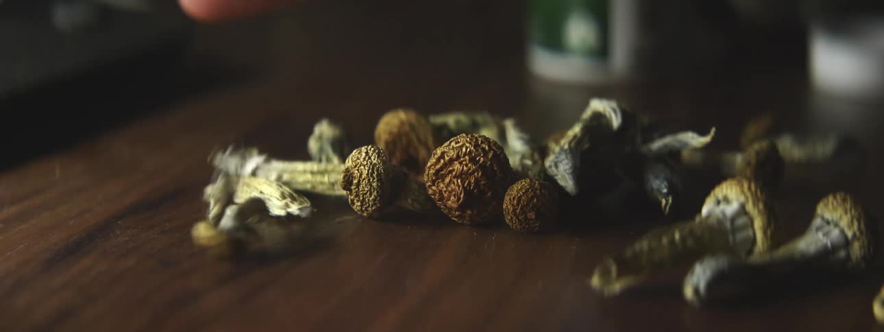 A person in a room drop in mushrooms on a table