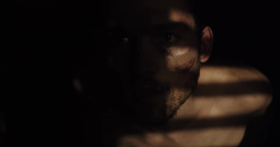 Shadows fall on a man as he peers out a window