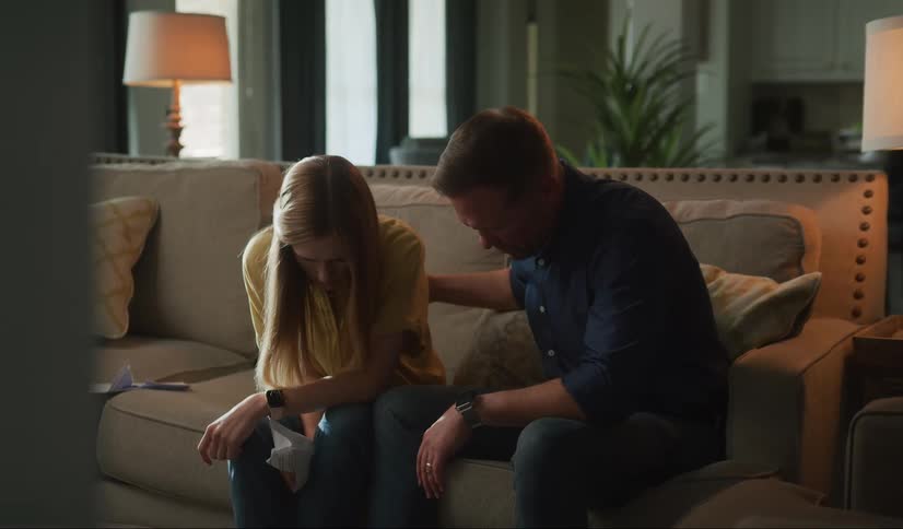 A woman sitting on a couch next to her father, crumples a piece of paper in frustration.