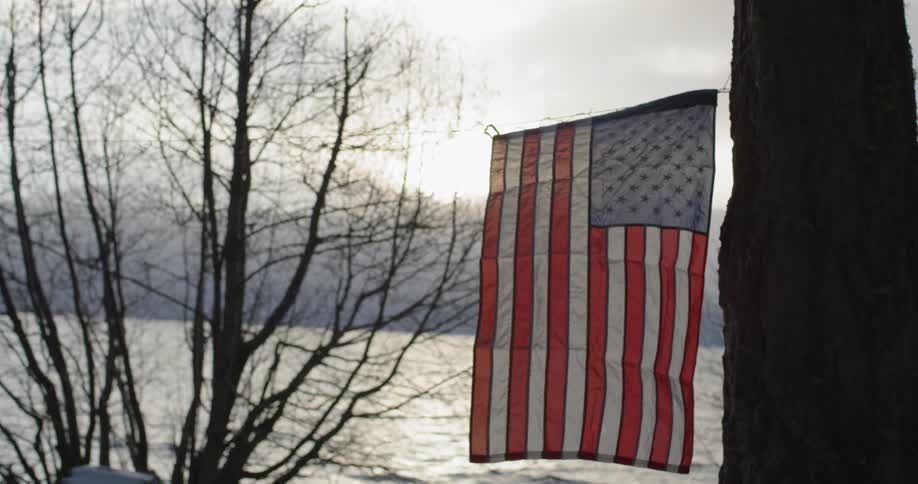 A flag waves in the breeze in front of a body of water
