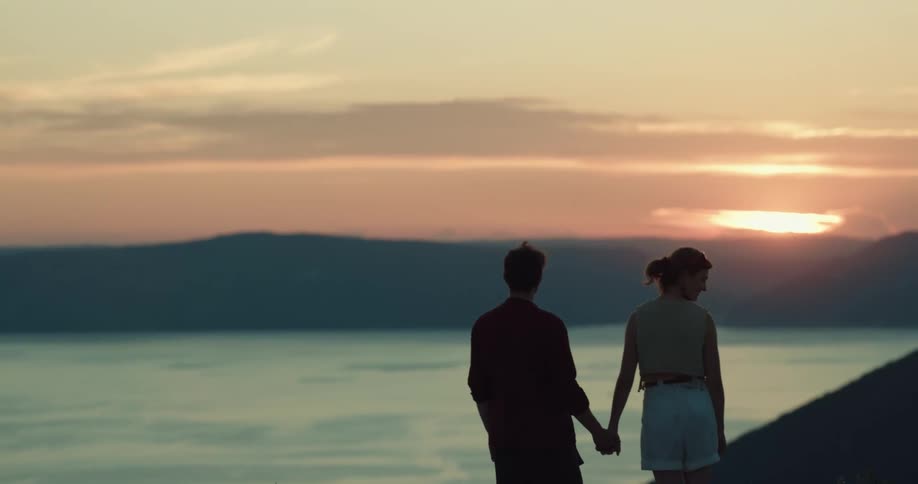 A man and woman holding hands and looking at a sunset