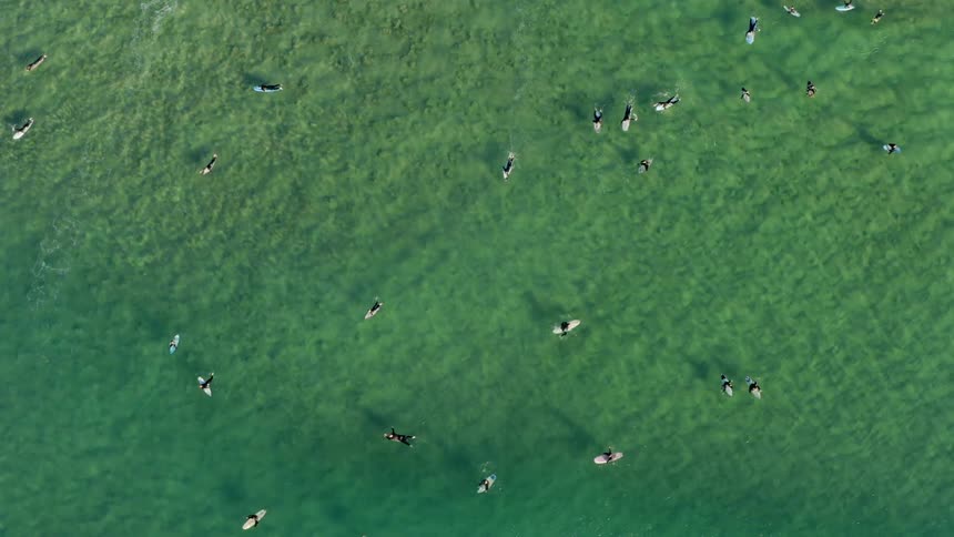 Many surfers are on their boards in the water waiting for a wave to ride