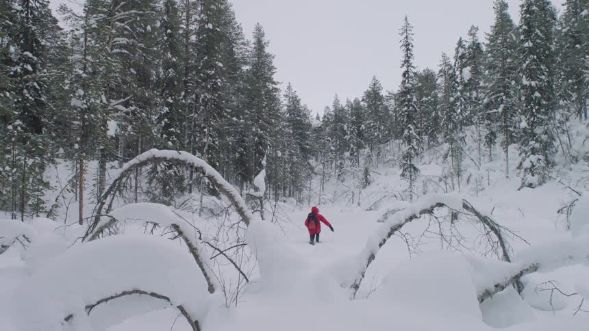 A person trudges through heavy snow during the day