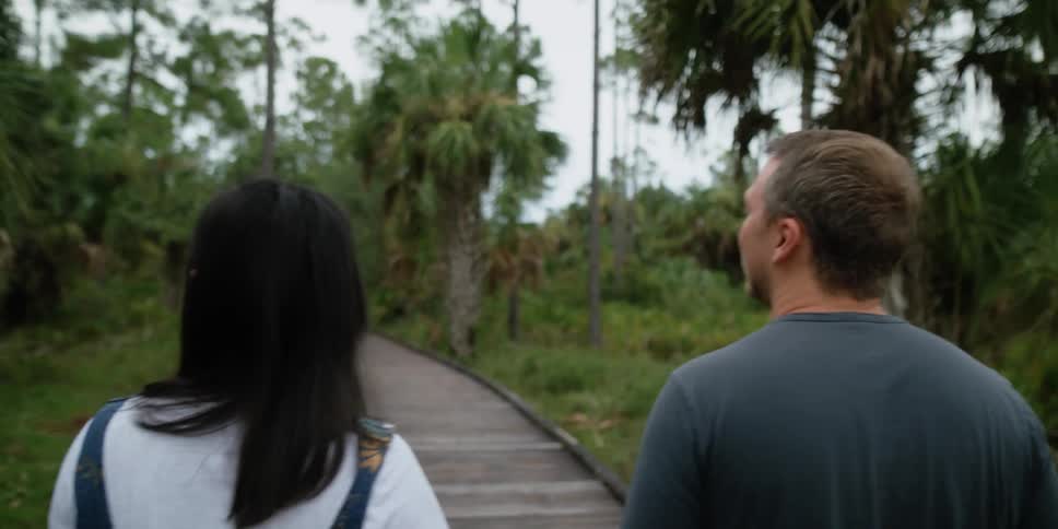 A man and woman walk together along a wooden walkway through a woodland during the day