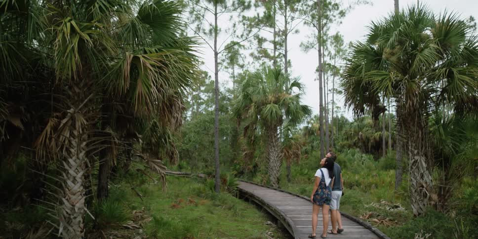 A couple tour a nature trail on vacation