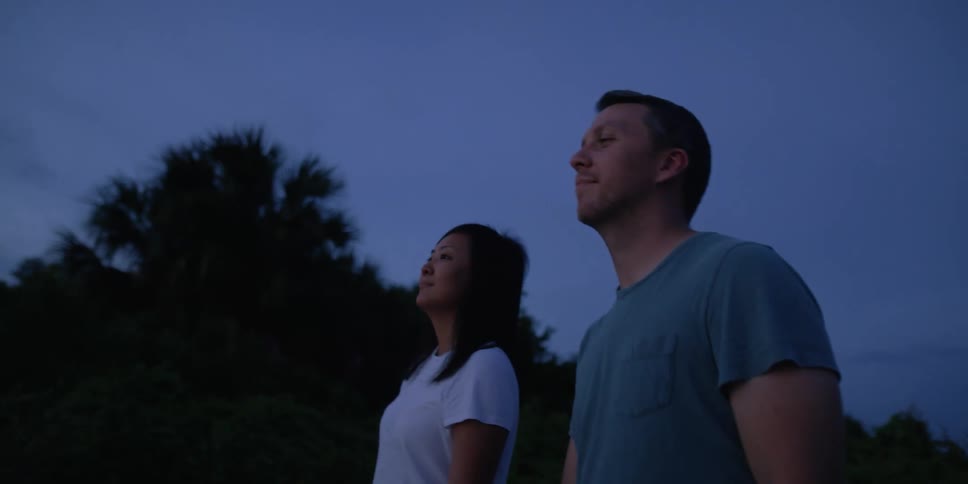 A man and a woman walking and holding hands with trees the sky and clouds in the background