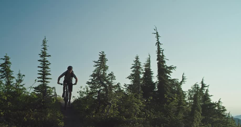 A mountain bike rider cycles on a trail through some trees on a ridge