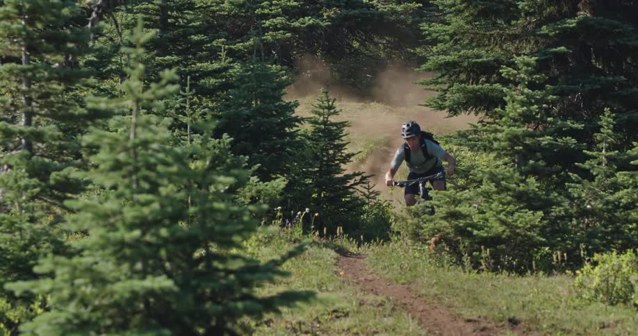 A man biking on a dusty trail through the trees and a meadow