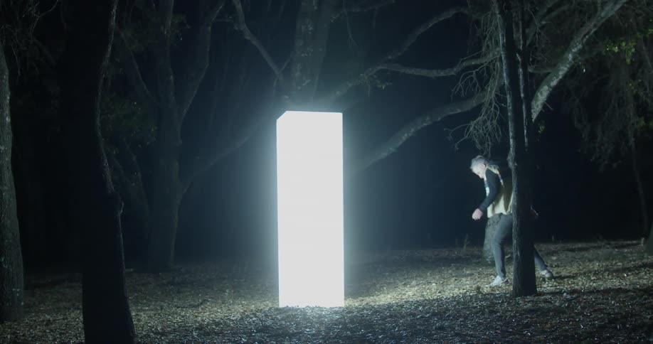 Two men in the woods entering into a white glowing pillared with trees in the background
