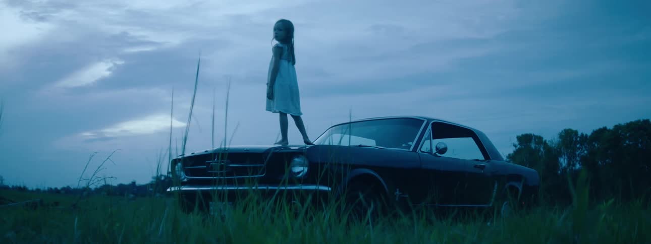 A young girl stands atop the hood of a car that is parked in a grassy field
