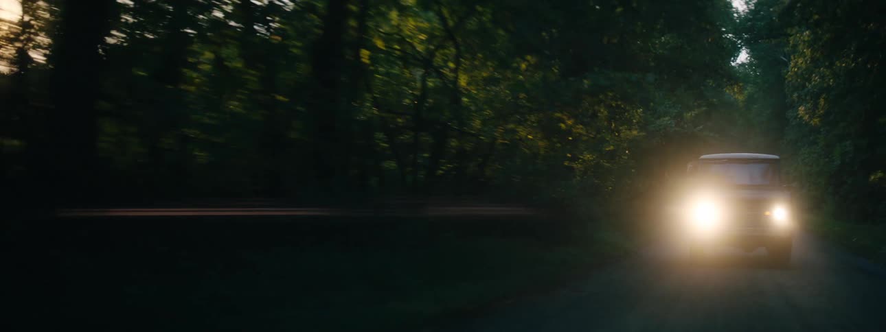 Woman leans out of vehicle driving down road bordered by trees
