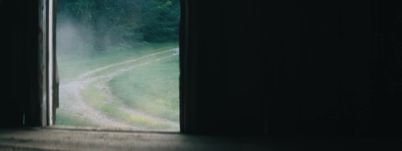A barn with an open door with a vehicle driving on a track and trees outside