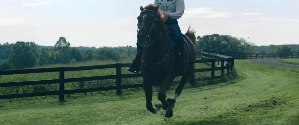 Woman with red scarf white jacket rides brown horse on the farm next to fences