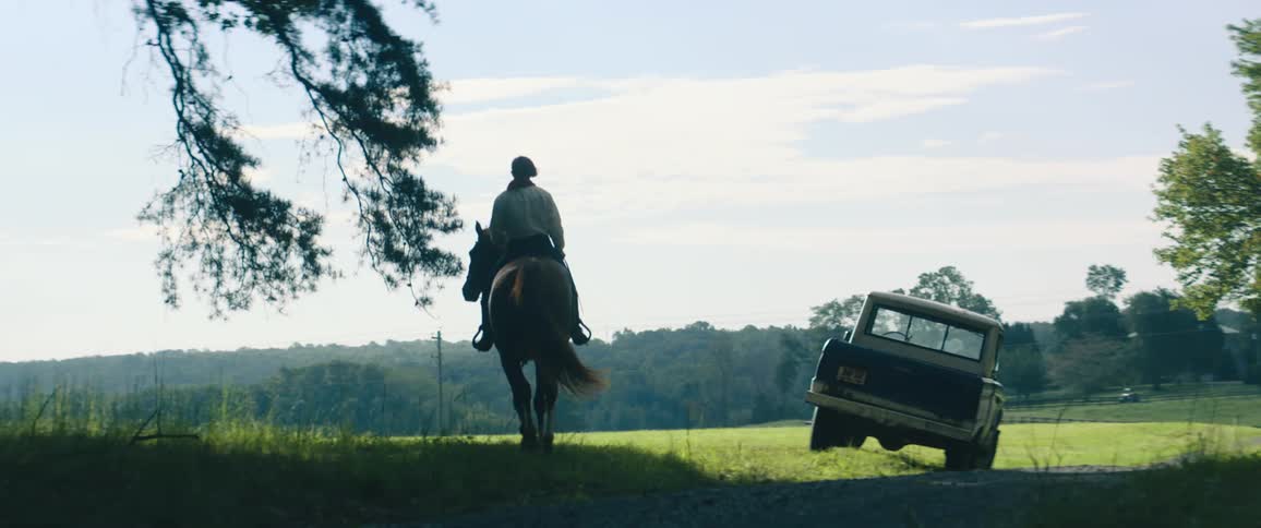 A person riding a horse nears a truck park on the grass in front of them