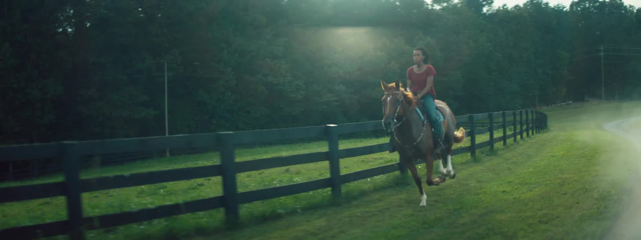 Young happy woman riding a horse near a dirt road on the countryside at morning