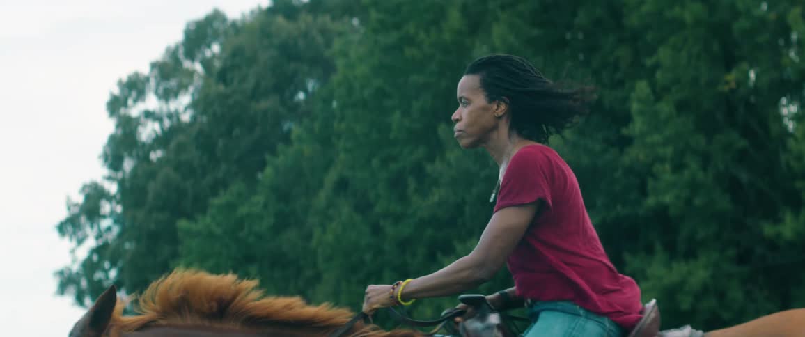 A woman is riding a horse on the grass