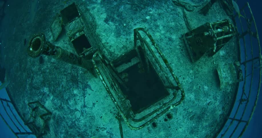 Stairway on sunken ship in ocean