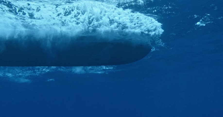 A boat moves through the water splashing underwater