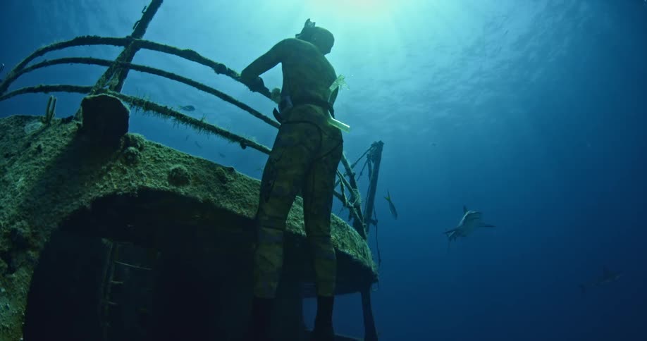 A diver exits from an old shipwreck as sharks swim in the background
