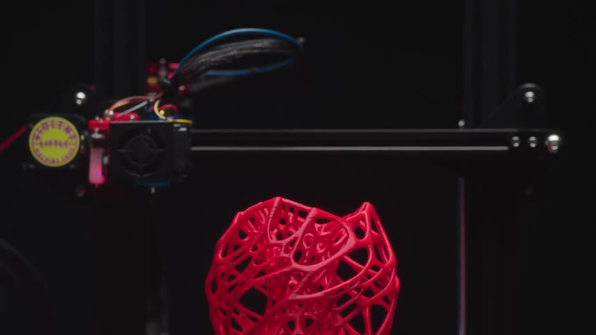 A 3d printed object a red network of tubes sits on a printer