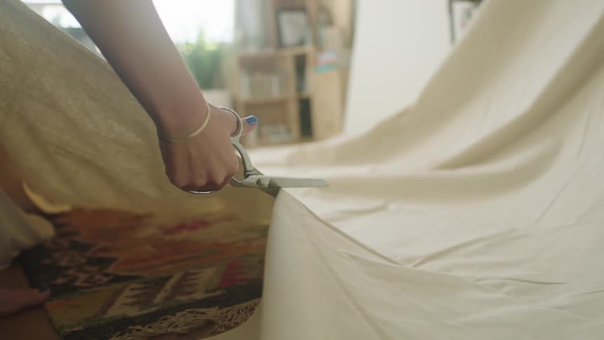 Woman wearing a toque cuts through a piece of white fabric with scissors