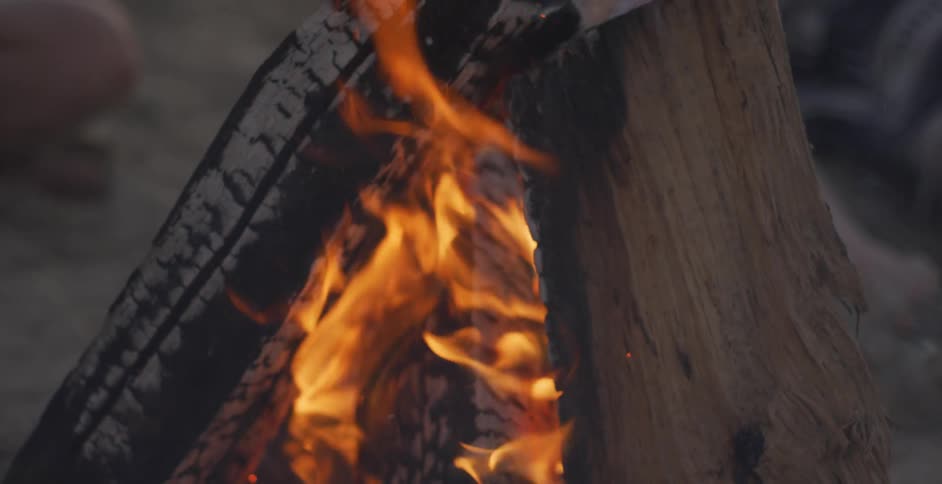 Logs in a camp fire burn and flame