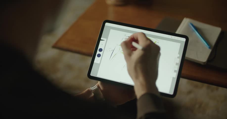 A person is drawing on a tablet and sitting indoors