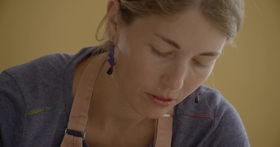 A woman looks down