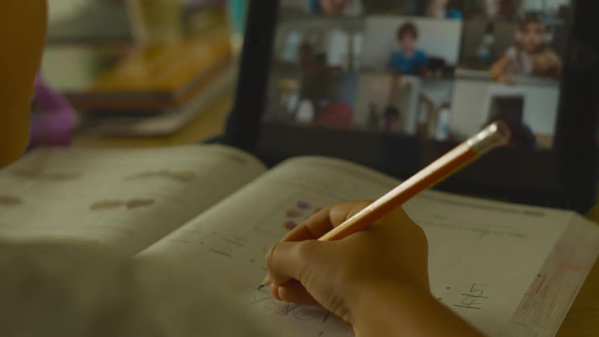 Children have a class on video conference