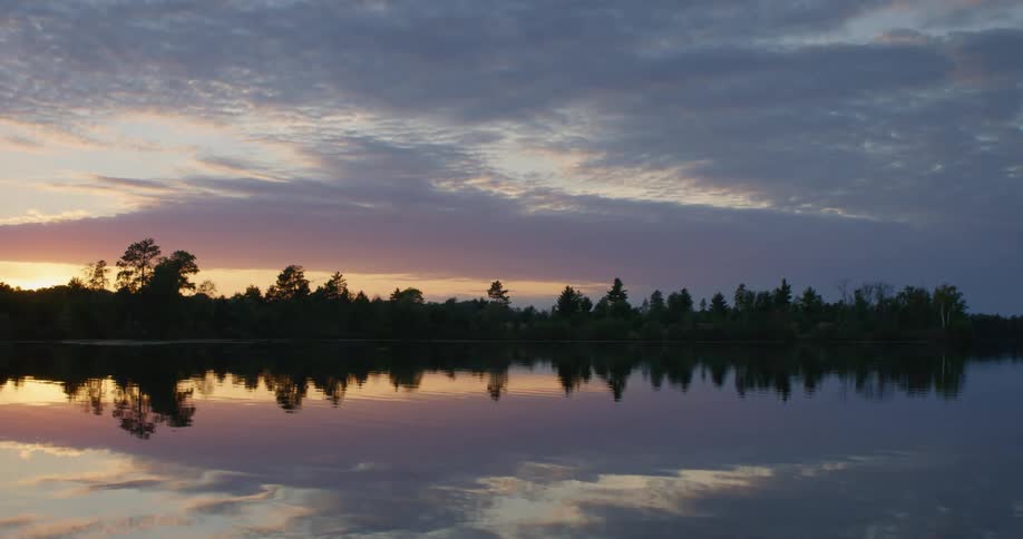 Sunlight sky and trees are reflected in the water surface at sunset