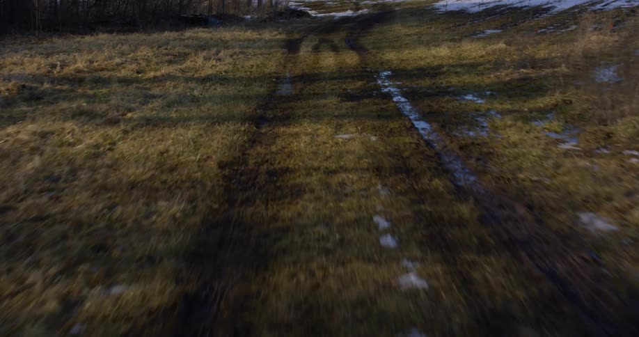 A track with tire marks with grass and snow with trees in the background