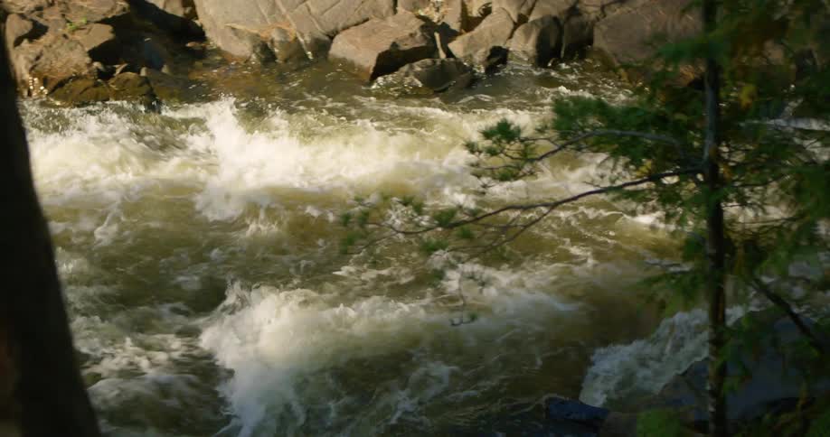 The rapids are moving fast past the rocks