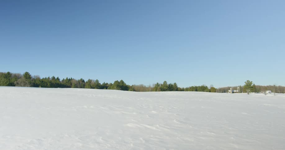 Snow covered field in the countryside under a blue sky