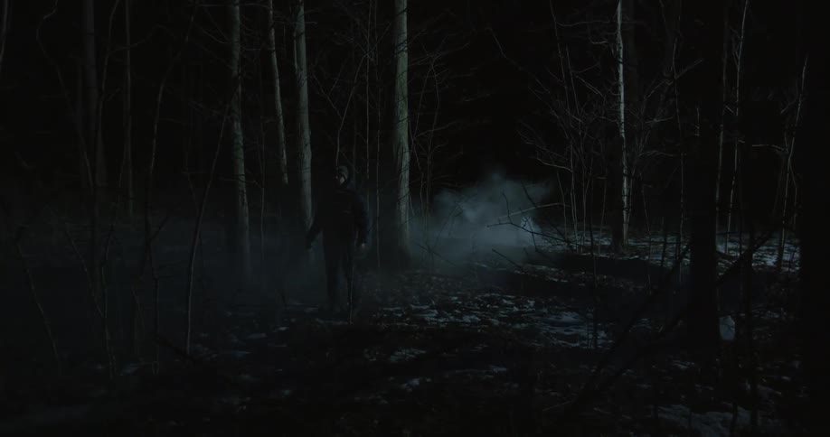 Man stands in the smoky forest and flashlight casts bright beam