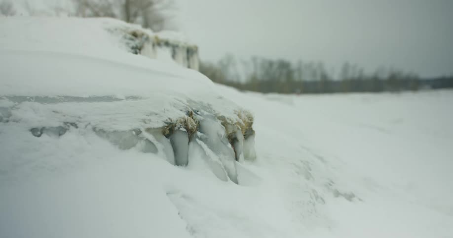 Ice and snow cover sloping ground stretching to leafless trees on horizon
