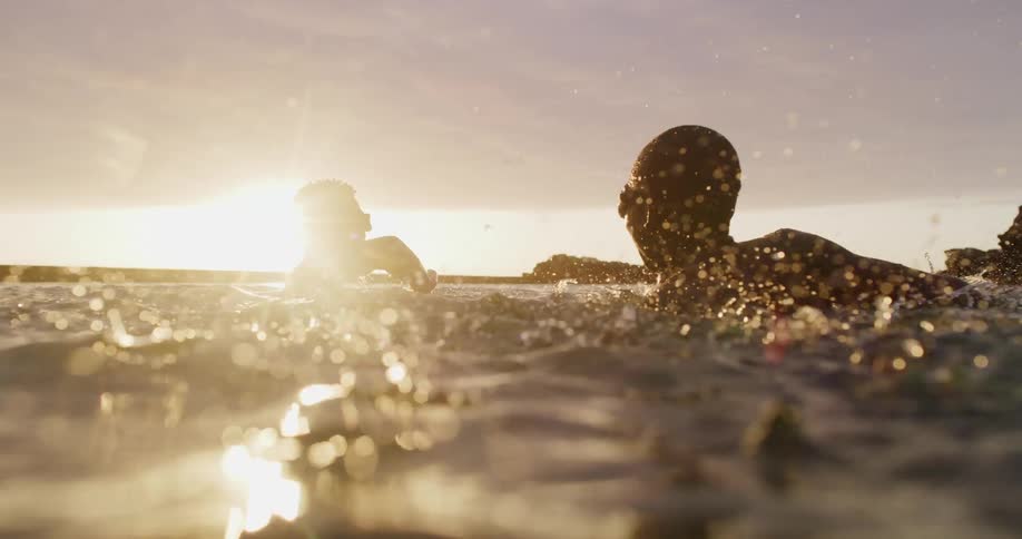 Two young males play fight in the water of a large lake