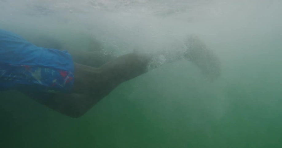 People paddling their feet underwater with bubbles