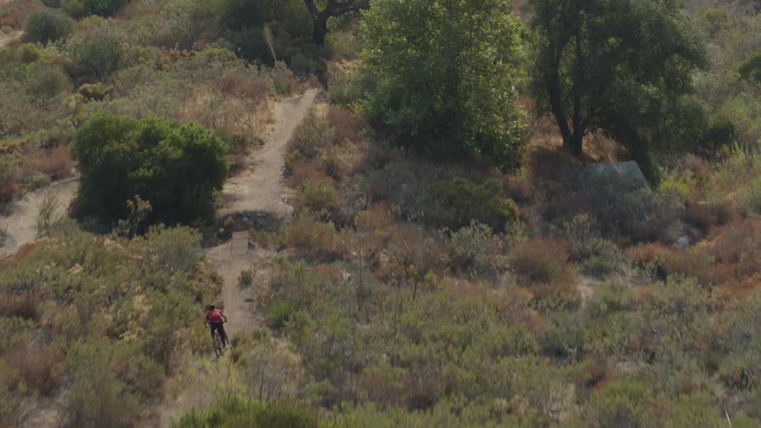 A person on a bicycle is vigorously riding on a trail surrounded by trees and plants