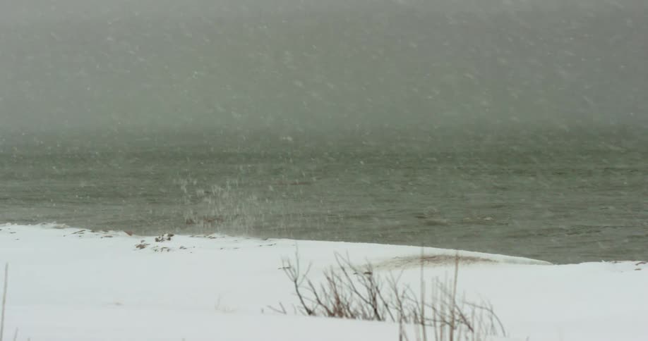 Snow covered shoreline with falling snow and waves splashing against the bank