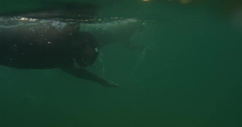 Two boys swimming under water in a lake