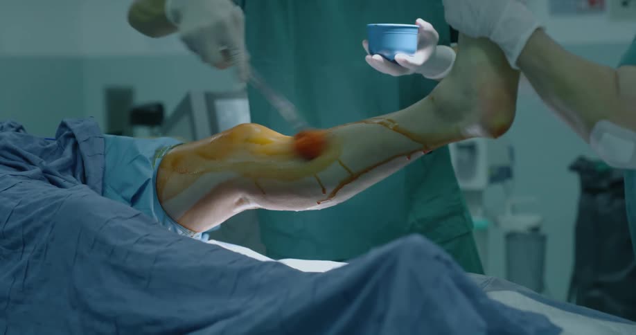 Medical staff holds a patients leg as another staff member puts disinfectant on the leg