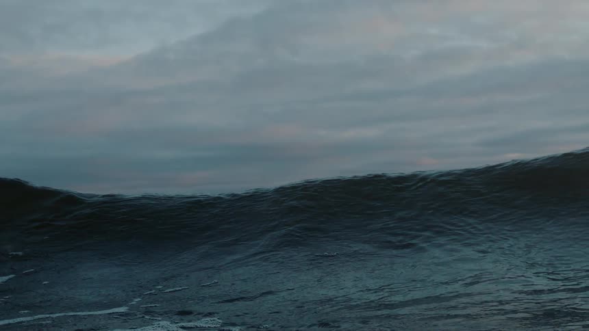 A large wave forms on a cloudy day