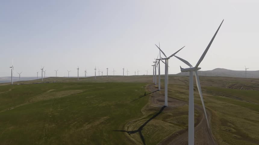 Reveal of multiple wind turbines arranged in a row on a green hillside