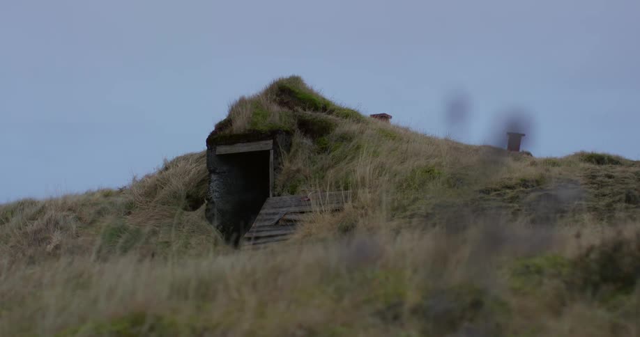 A structure built into a brush covered hillside
