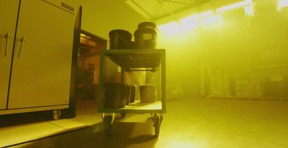 Person wearing coveralls pushes cart loaded with labeled buckets through building