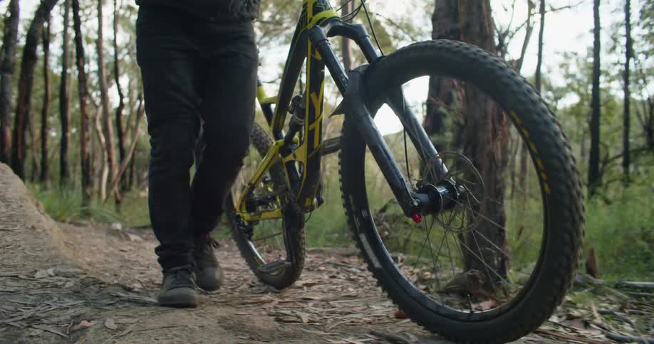 Man pushing a bicycle on a dirt road through the forest in the mountains at morning