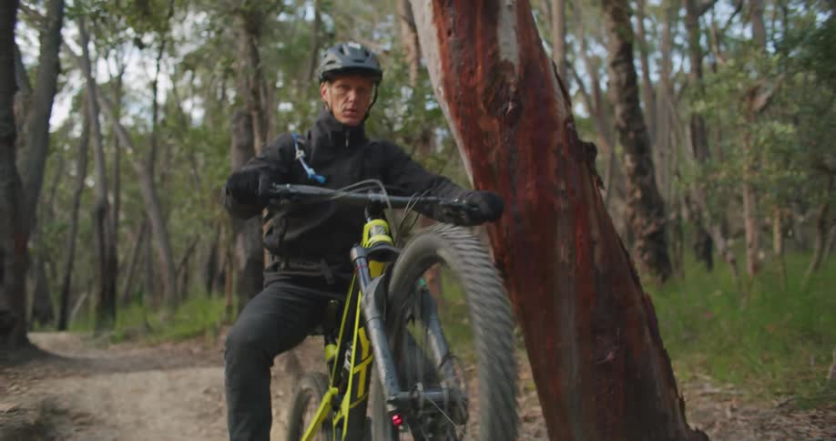 A man is riding a bike through a forest in spring