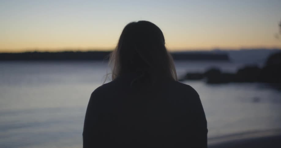 A silhouette of a person on a beach with the ocean sky and clouds in the background