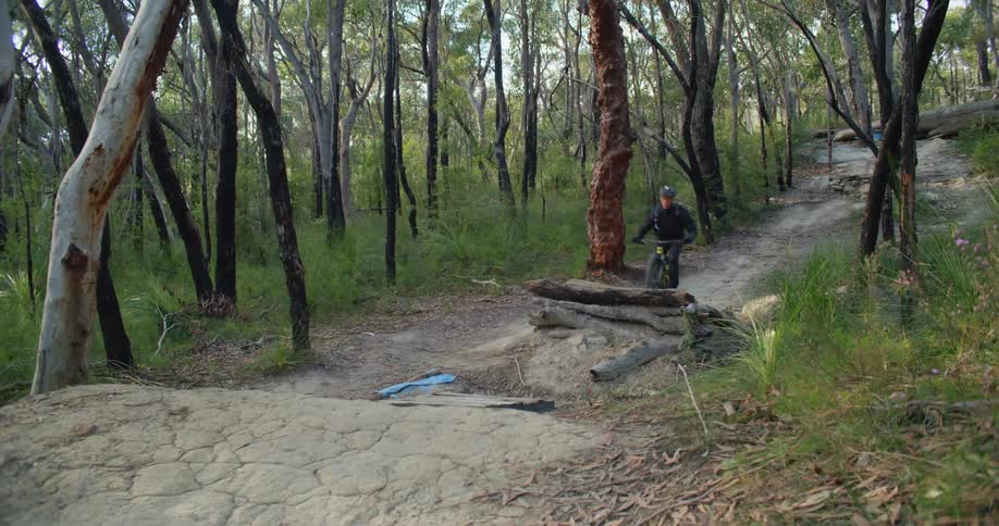A person rides a bicycle on a dirt woodland path and makes a large jump over some logs