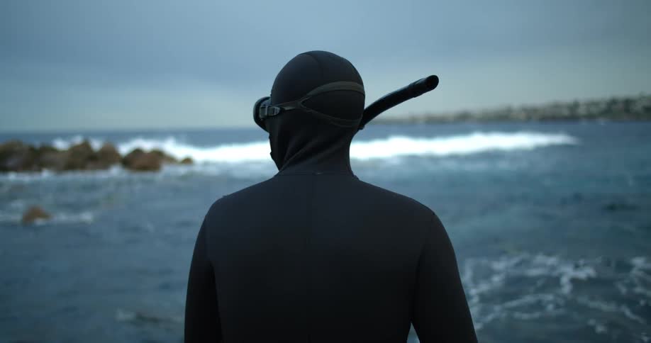 A diver looks out over the ocean while resting on the coast during the day